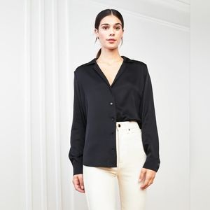 Quince women's stretch silk notched collar button up shirt in black, size S